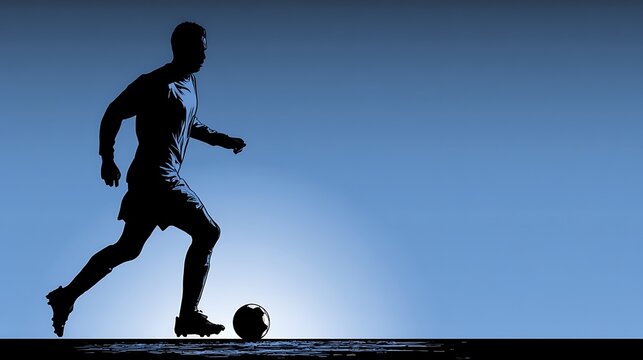 Silhouette of a soccer player dribbling a ball against a blue sky