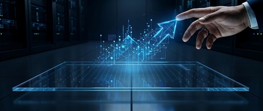 Businessman hand touching a glowing blue holographic arrow and financial growth chart in a dark modern server room data center, representing digital transformation, fintech success, and big data.