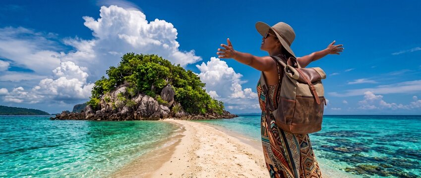 Happy woman traveler with a backpack and sun hat standing on a narrow white sandbar path with outstretched arms, enjoying the freedom of a tropical paradise island under a bright blue sunny sky.