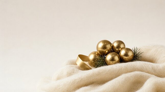 Minimalist Holiday Ornament Cluster on Cream Wool Fabric with Brushed Brass Ribbon and Pine Needles
