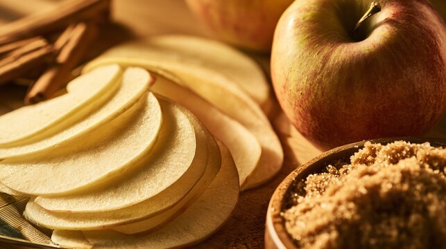 An apple is sliced into extremely thin translucent rounds using a mandoline, with overlapping pieces catching soft backlight while cinnamon and brown sugar wait nearby for the next preparation step