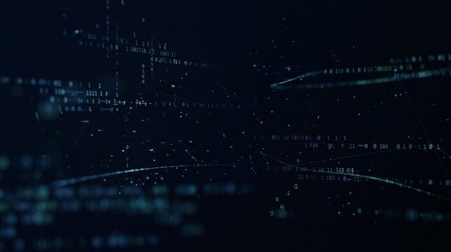 Digital code matrix with glowing lines and binary numbers dark background