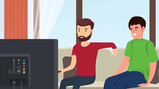 Three happy friends watching television together sitting comfortably on sofa in modern living room motion clip