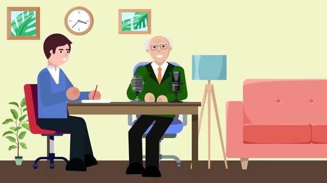 Podcast interview animation featuring an elderly man speaking into a microphone while young host takes notes in studio