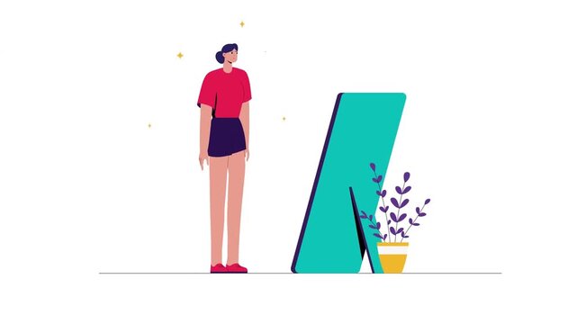 Woman looking at her reflection in a large mirror vector animation motion clip