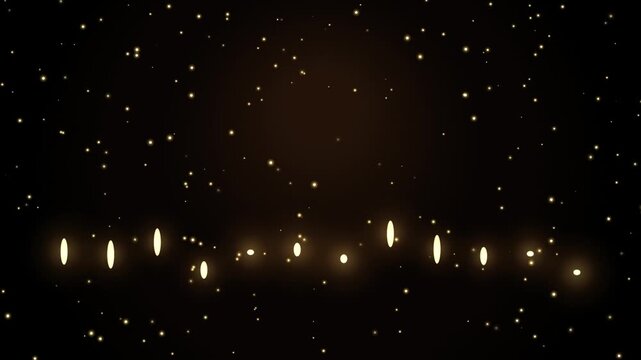 Golden glowing particles and floating light orbs abstract background, bokeh motion overlay for luxury and celebration projects