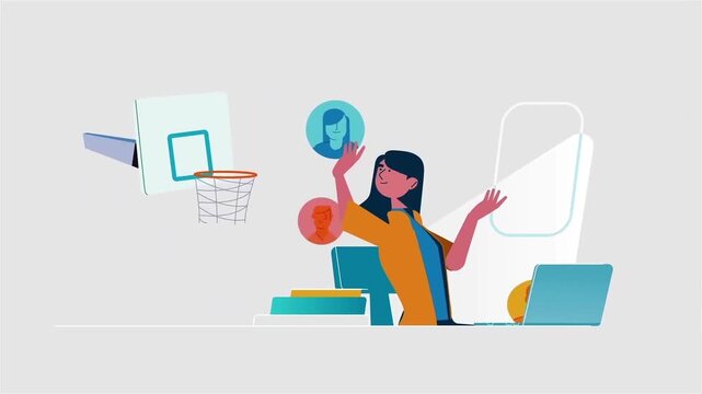 Woman working remotely on laptop with video conference icons floating in digital motion graphic clip