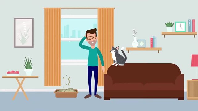 Animated man standing in living room with cat looking at smelly litter box video footage