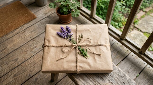 Gift box wrapped in brown paper decorated with lavender resting on rustic wooden porch floor