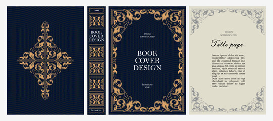 Naklejka premium Classic vintage book cover, title page, spine design with Art Deco, Baroque, Art Nouveau and Victorian ornaments. Elegant decorative frame, retro style for publications, posters and artistic layouts.