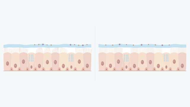 Side-by-side 2D medical animation comparing normal and impaired mucociliary clearance. Active cilia transport mucus and trapped particles on the left, while reduced ciliary movement slows transport.