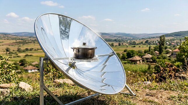 large parabolic solar cooker with steaming pot outdoors on rural hill