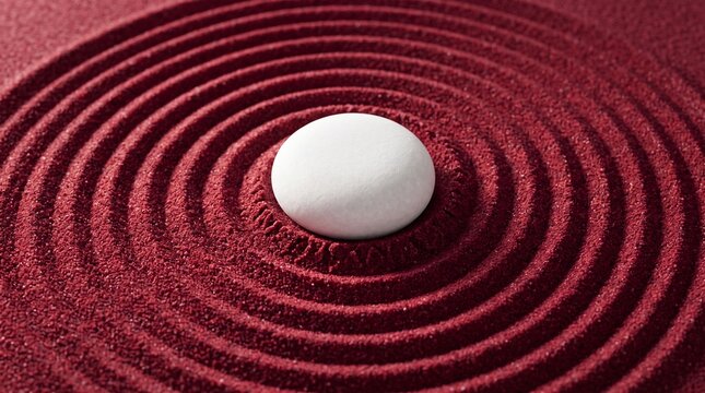 Smooth white stone resting in the center of concentric ripples carved in textured deep red sand.