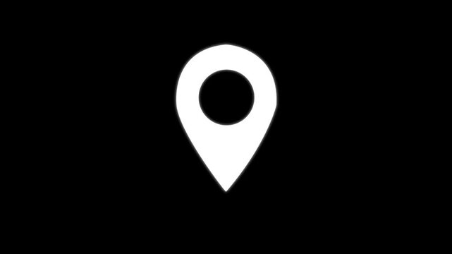Minimalist white map location pin icon animation on black background, for navigation and, travel ui