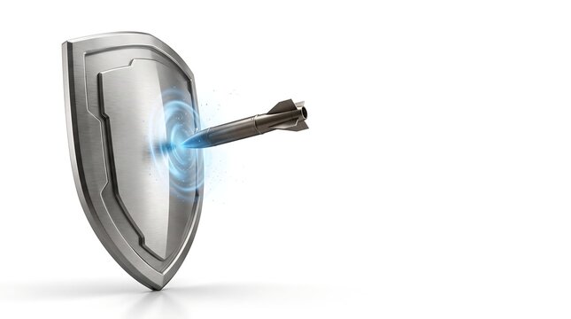 Elegant Photorealistic Silver Shield Blocking Generic Missile on White Background