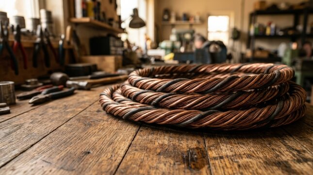A coiled bundle of copper wire scrap rests on a worn wooden workbench inside a cluttered workshop filled with metalworking tools and equipment in the background