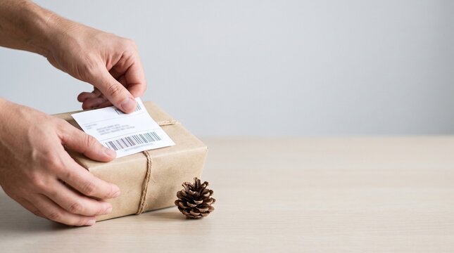 Hands pressing shipping label onto kraft parcel tied with twine with small pinecone, holiday parcel preparation