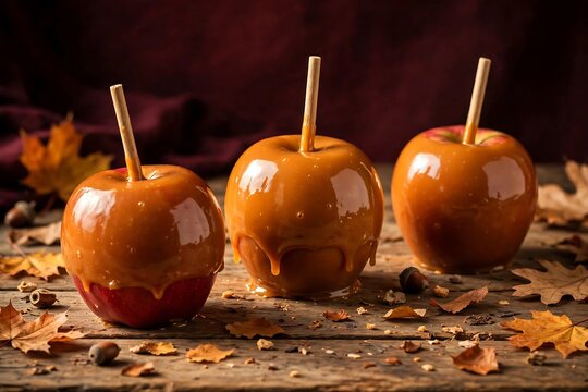 Three delicious caramel apples on a rustic wooden table