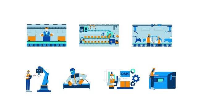 Smart manufacturing and industrial automation cartoon animation pack. QMS supervisor. Welding technology. Factory production animated flat 4K video collection isolated on transparent background