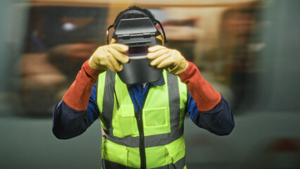 Man welder putting on welding helmet with gloved hands on train platform in building today; safety...