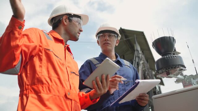 Floodgate engineers compare tablet data and inspection documents beside water control machinery, discussing equipment condition and maintenance requirements. Hydraulic system monitoring.