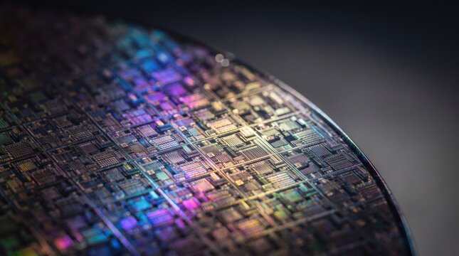 Iridescent silicon wafer displays dense microchip circuits in an extreme close view of semiconductor technology, with artisan detail