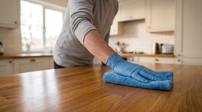 Woman cleaning wooden kitchen countertop with blue gloves and cloth in bright home interior