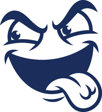 Naughty blue face expression logo with a sly smile and protruding tongue graphic
