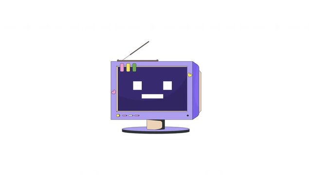 Vintage computer monitor with expressionless pixel face and antenna 2D cartoon animation. Nostalgic desktop indifferent emoticon animated flat colorful element 4K video on transparent background