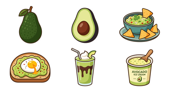 Avocado fruit and avocado food collection vector illustration set