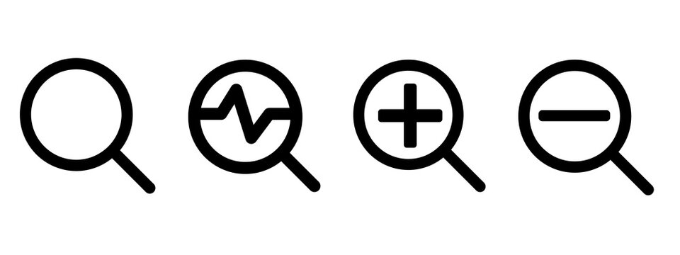 Black magnifying glass icon set including search zoom in zoom out and diagnostic pulse symbols isolated on white background vector PNG