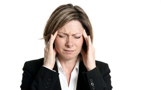 businesswoman suffering from headache and migraine holding head in pain