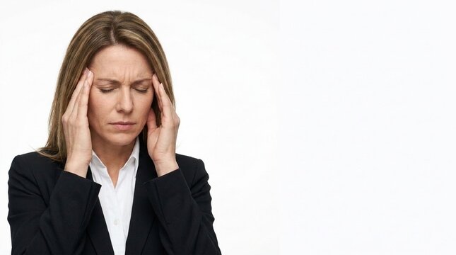 A businesswoman having migraine pain and chronic headache symptoms