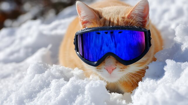 Ginger cat wearing blue ski goggles in snow close-up
