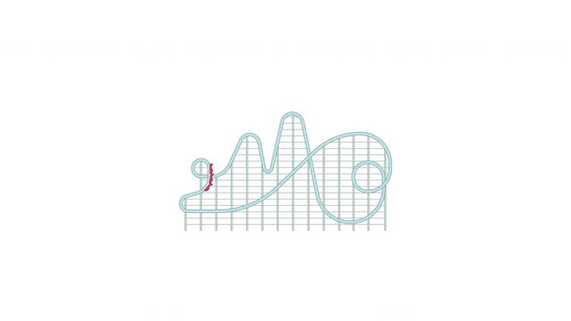 Extreme looping roller coaster track with multiple hills 2D cartoon animation. Climbing train on circular inversions and steep drops animated flat colorful element 4K video on transparent background