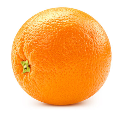Fresh ripe whole orange. Single pure citrus fruit isolated on white background with clipping path