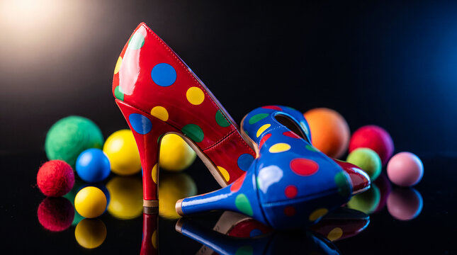 A vibrant pair of clown shoes, one red with blue polka dots and one blue with red polka dots, standing among colorful balls on a dark surface.