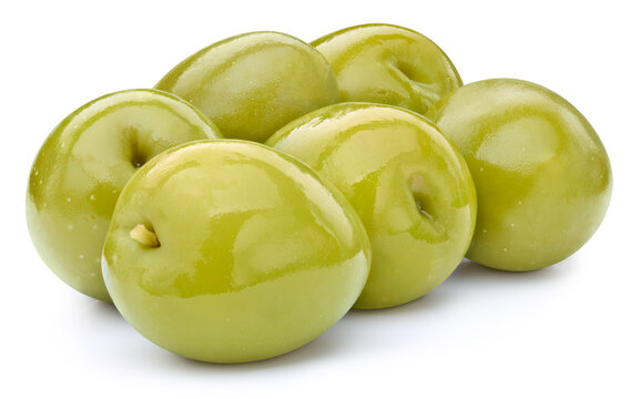 Organic canned green olives close up. Fresh pickled olives isolated on white background with clipping path