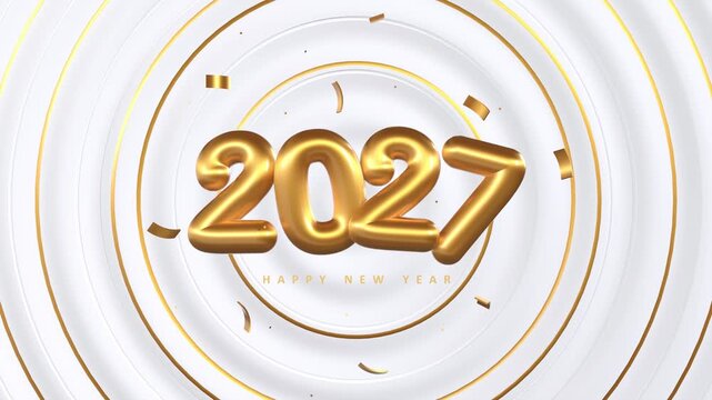 Golden 2027 numbers with happy new year text on luxury white and gold background with circles and confetti