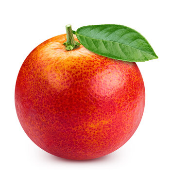 Blood orange fruit with leaf isolated on white background with clipping path. Red orange fruit citrus for packaging design. Full depth of field