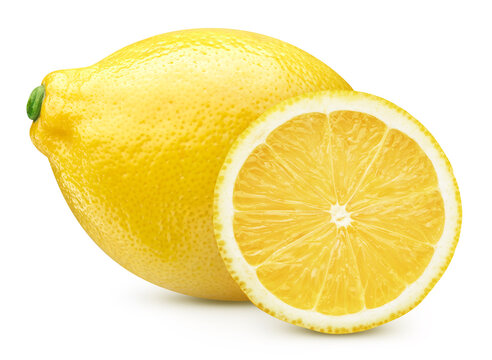 Fresh ripe lemon whole fruit with halves, slices and texture details. Organic lemon macro studio photo with clipping path. As design element