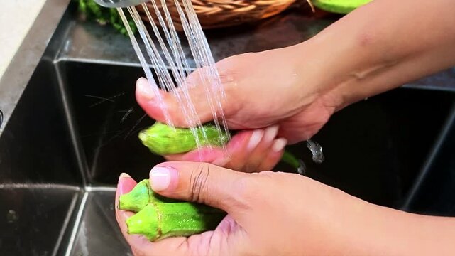 Closeup of Indian woman's hands washing fresh green okra or bhindi under running tap water in a kitchen sink, cleaning vegetables before cooking, food preparation and hygiene at home.