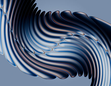 A smooth blue metallic ribbon flows in a dark surreal 3d rendering