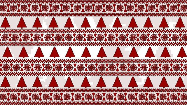 4K pixel art ugly sweater Christmas loop: horizontal bands of red pine trees, Nordic snowflakes, and geometric borders on light beige. Ideal backdrop for holiday video intros and festive ads.