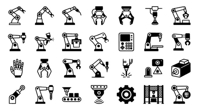 Industrial Robotic Arm Outline and Filled Automation Icons Vector Set