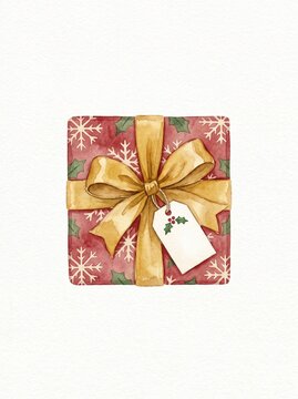 Watercolor illustration of wrapped Christmas gift with gold ribbon bow
