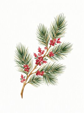Watercolor illustration of pine branch with red berries for Christmas decoration