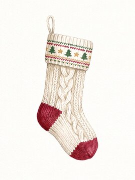 Watercolor illustration of knitted Christmas stocking in cream and red
