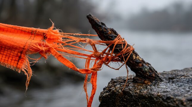 Frayed orange safety fabric tearing apart on a rusted metal spike under rainy conditions showing perimeter barrier wear for construction safety training