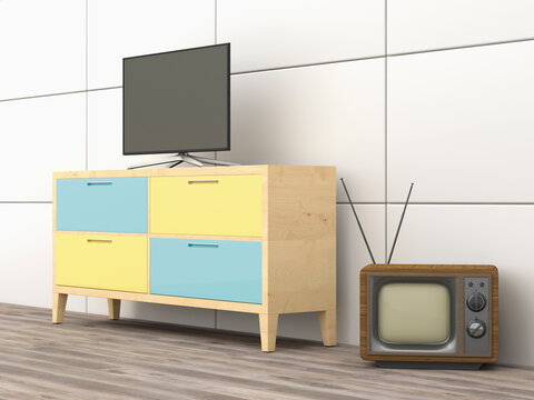 3D Rendering, old tv, modern flatscreen tv on wardrobe